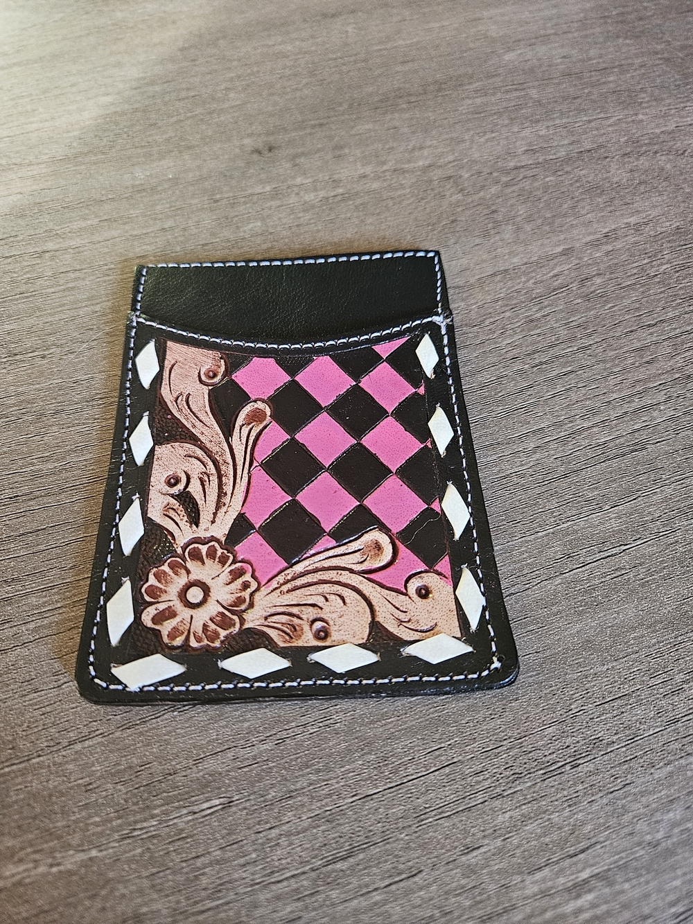 Genuine Leather Card Sleeve with Pink Checker and Floral Inlay - NWOT